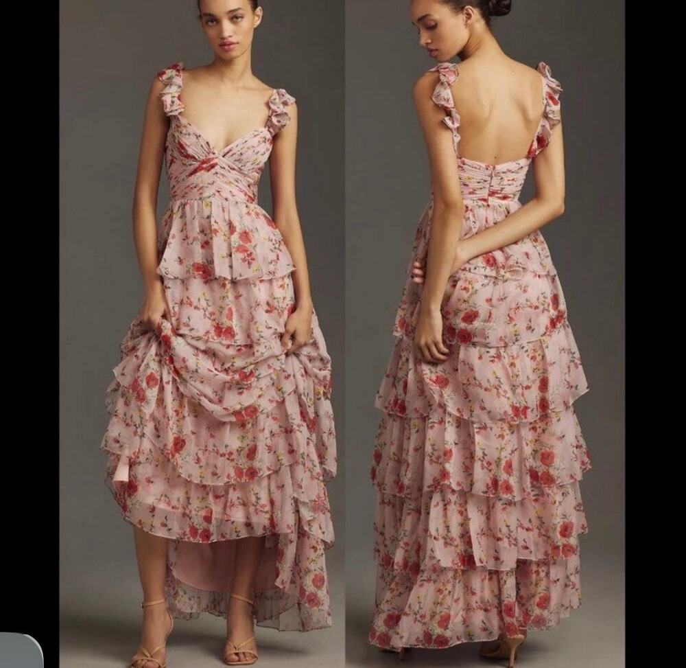 Mac Duggal 55816 Womens Pink Ruffled Sleeveless Draped Tiered Floral Print